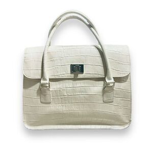 Vintage Bloomingdales Faux Croc Leather Satchel Handbag Double Handles Cream